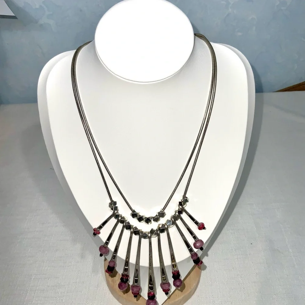 Chico’s Silver Purple Studs Beads Spikes Modern Statement Double Necklace 18-20”